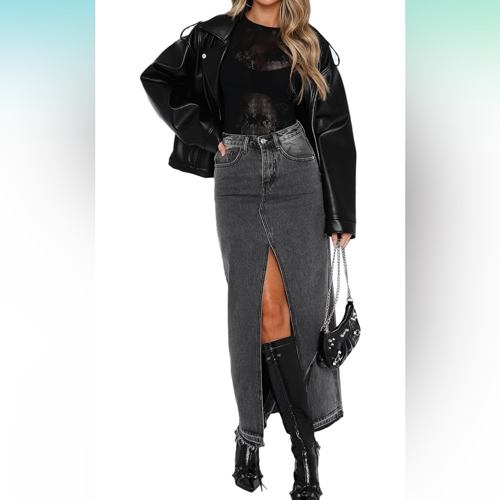 Women's Denim Maxi Skirt Waist Casual Denim Skirt Split Front Long Jean Skirts